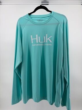 Huk Men’s Size XXL Fishing Shirt Teal Blue, Long Sleeve, Performance Fabric Logo